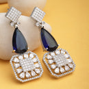 Rhodium-Plated Navy Blue & White American Diamond studded Square & Teardrop Drop Earrings