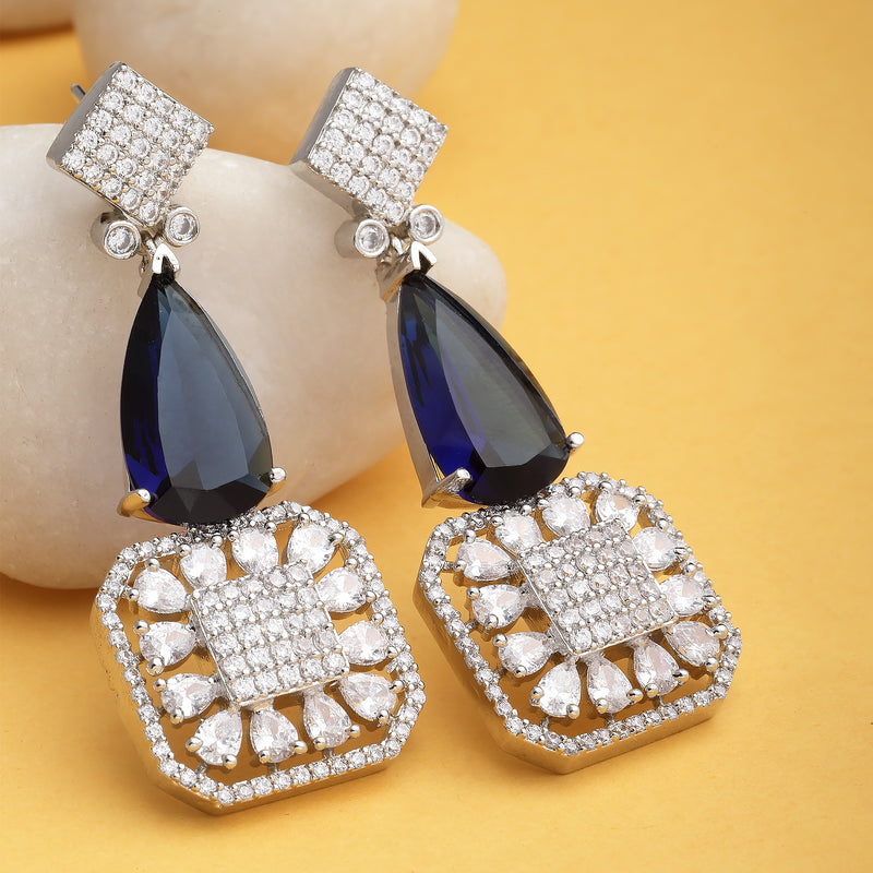 Rhodium-Plated Navy Blue & White American Diamond studded Square & Teardrop Drop Earrings