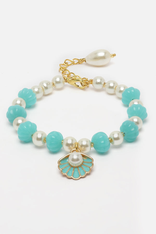 Gold Plated Gold Toned Sky Blue & White Shell Charm Studded Rakhi Bracelet