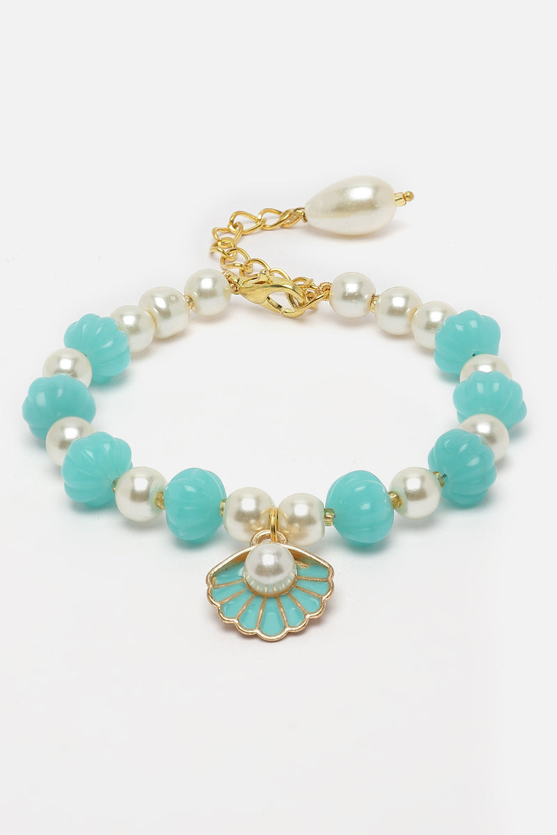 Gold Plated Gold Toned Sky Blue & White Shell Charm Studded Rakhi Bracelet
