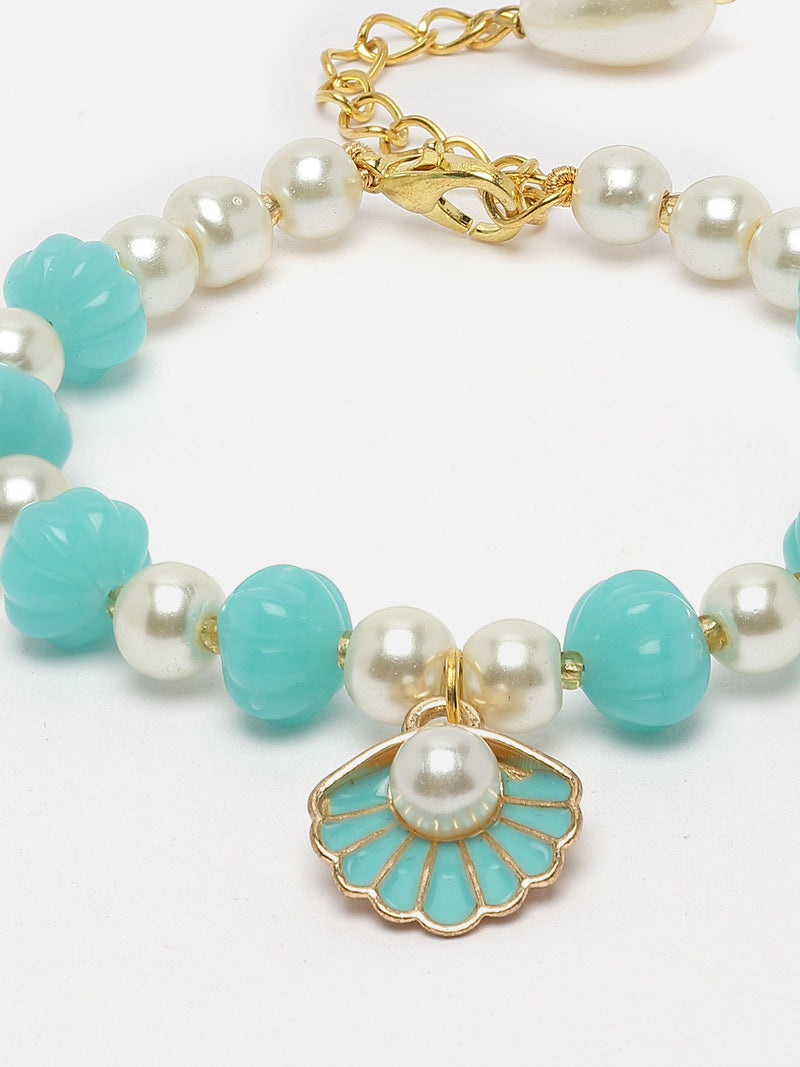 Gold Plated Gold Toned Sky Blue & White Shell Charm Studded Rakhi Bracelet