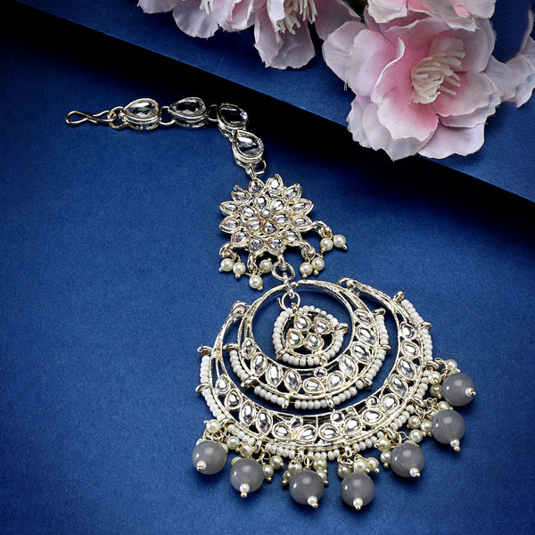 Traditional Gold Plated Kundan & Grey Bead Chandbali Maang Tikka