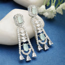 Rhodium-Plated Sea Green American Diamond studded Classic Contemporary Drop Earrings
