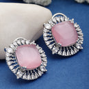 Rhodium-Plated Pink & White American Diamond studded Contemporary Round Stud Earrings