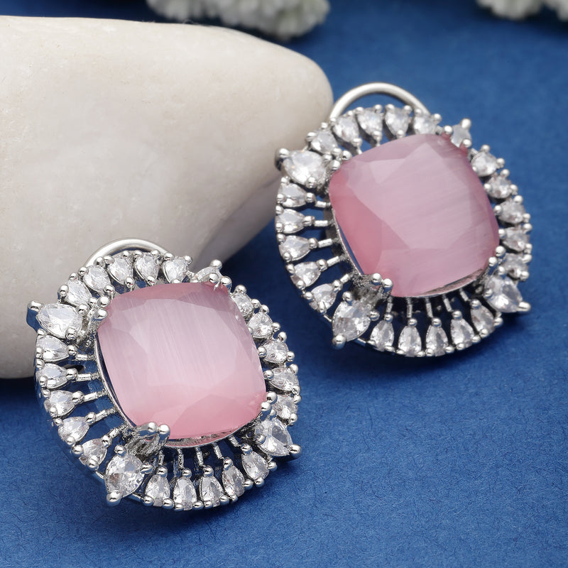 Rhodium-Plated Pink & White American Diamond studded Contemporary Round Stud Earrings