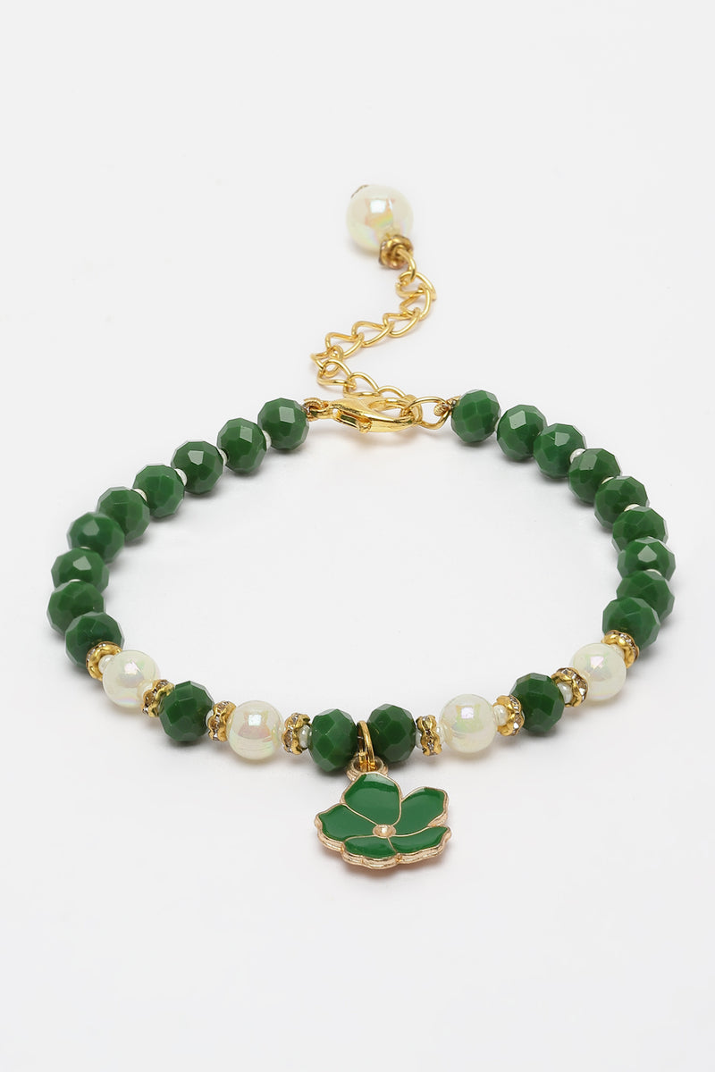 Gold Plated Gold Toned Green Floral Charm Studded Rakhi Bracelet