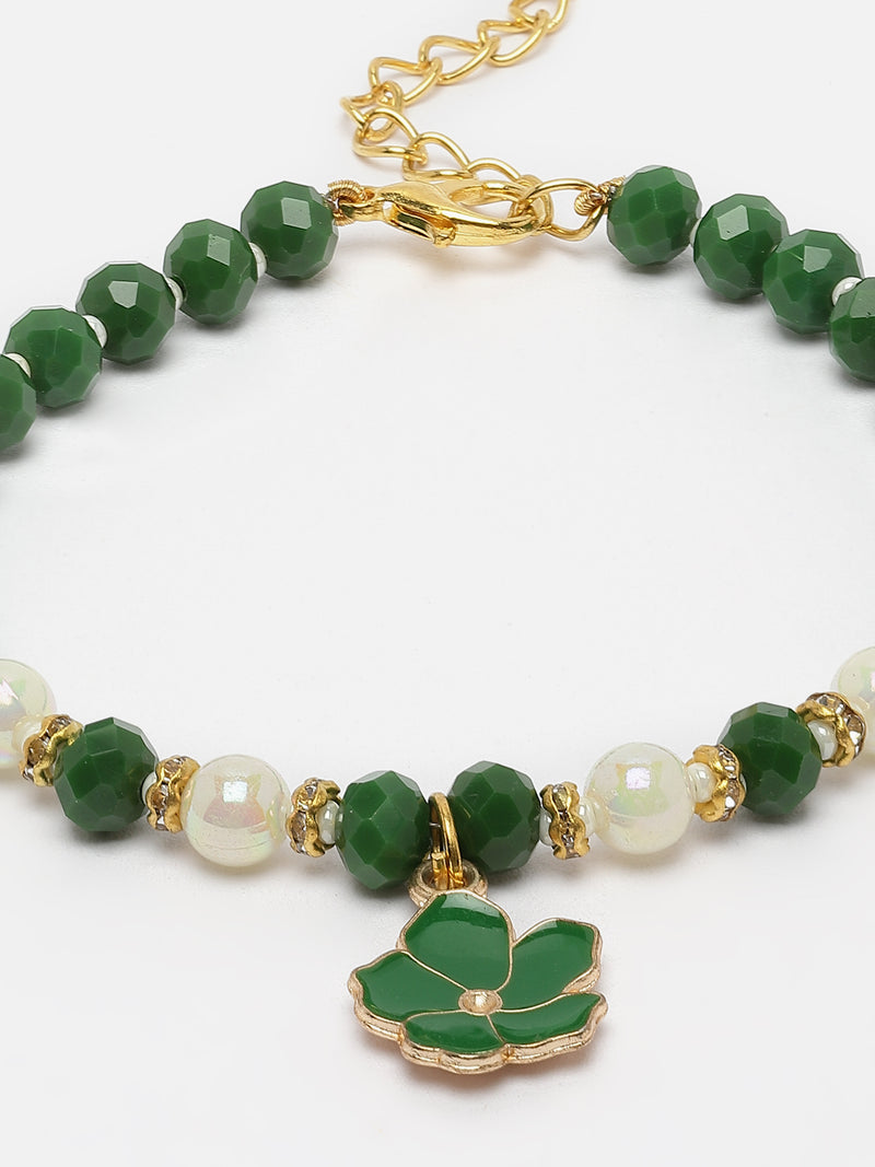 Gold Plated Gold Toned Green Floral Charm Studded Rakhi Bracelet