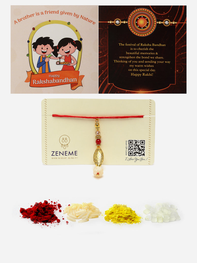 Traditional Classy Gold-Plated White Beads Studded Lumba Rakhi For Bhabhi