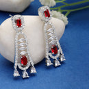 Rhodium-Plated Red American Diamond studded Classic Contemporary Drop Earrings