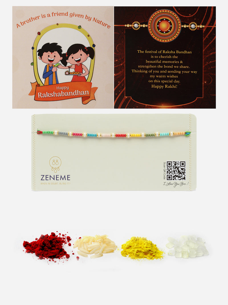 White Pearls With Small Multicolor Beads Stringed Rakhi