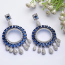 Rhodium-Plated Navy Blue American Diamond studded Circular Shape Dangle Earrings