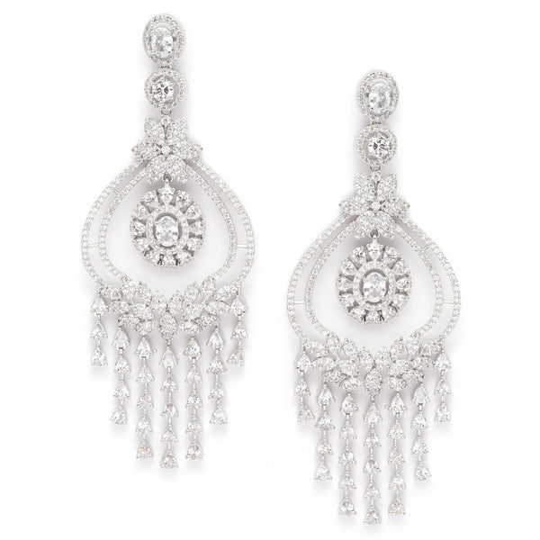 Rhodium-Plated White American Diamond studded Quirky Shaped Drop Earrings