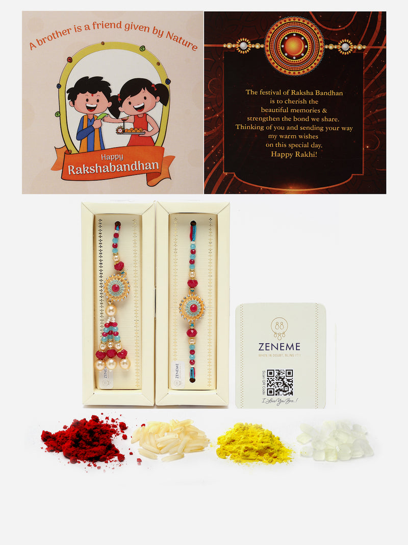 Traditional Pink & Blue Artificial Stones & Bead Studded Bhaiya Bhabhi Rakhi Set