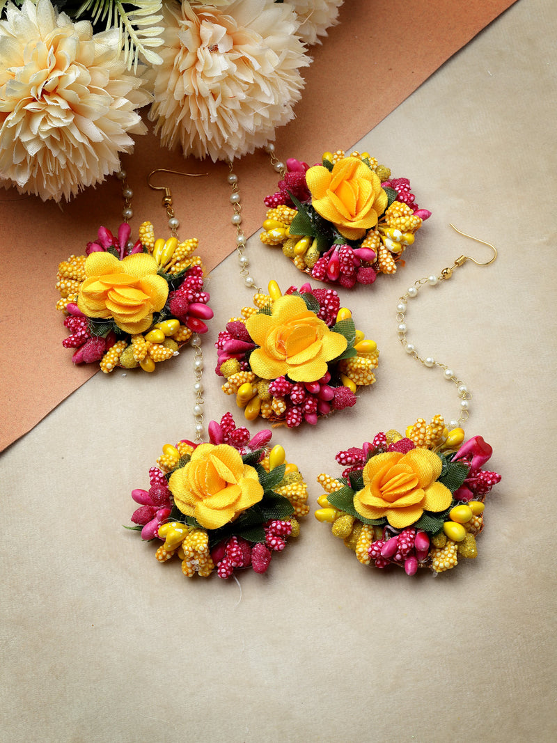 Gold Plated Floral Pink Yellow And Green Gotta Patti Maang Tikka  (Mehandi,Haldi,Bridal,Baby Shower)