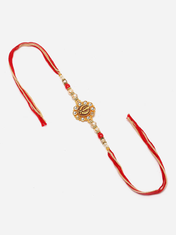 Traditional Gold Plated Gold Toned Khanda Symbol Engraved Rakhi