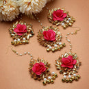 Gold-Plated Gota Patti Flower Maang Tikka Pack Of 5 Girls and Women Floral Jewellery (Red Brown)