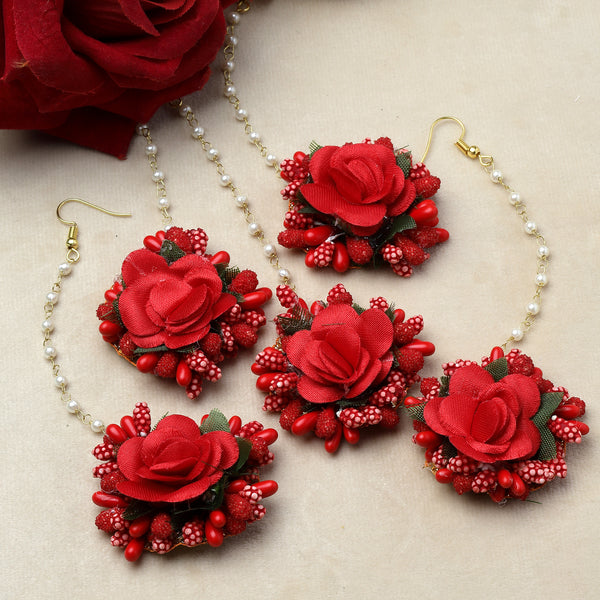 Gold Plated Floral Red And Green Gotta Patti Maang Tikka (Mehandi,Haldi,Bridal,Baby Shower)