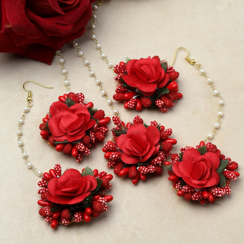 Gold Plated Floral Red And Green Gotta Patti Maang Tikka (Mehandi,Haldi,Bridal,Baby Shower)
