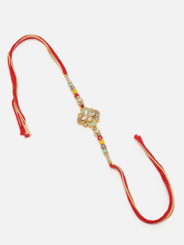 Traditional Gold Plated Gold Toned Kundan Studded Floral Rakhi