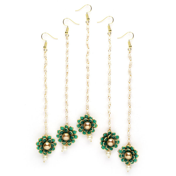 Gold Plated with Green Stones & Pearl Drop Traditional  Maang Tikka Set Of 5
