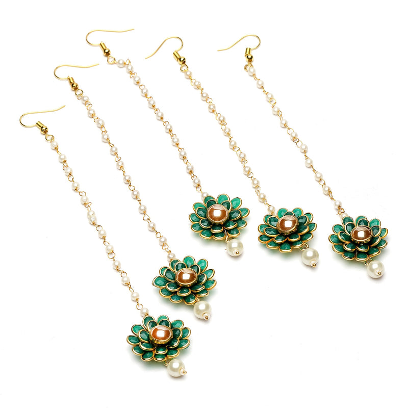 Gold Plated with Green Stones & Pearl Drop Traditional  Maang Tikka Set Of 5