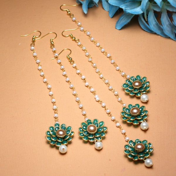 Gold Plated with Green Stones & Pearl Drop Traditional  Maang Tikka Set Of 5
