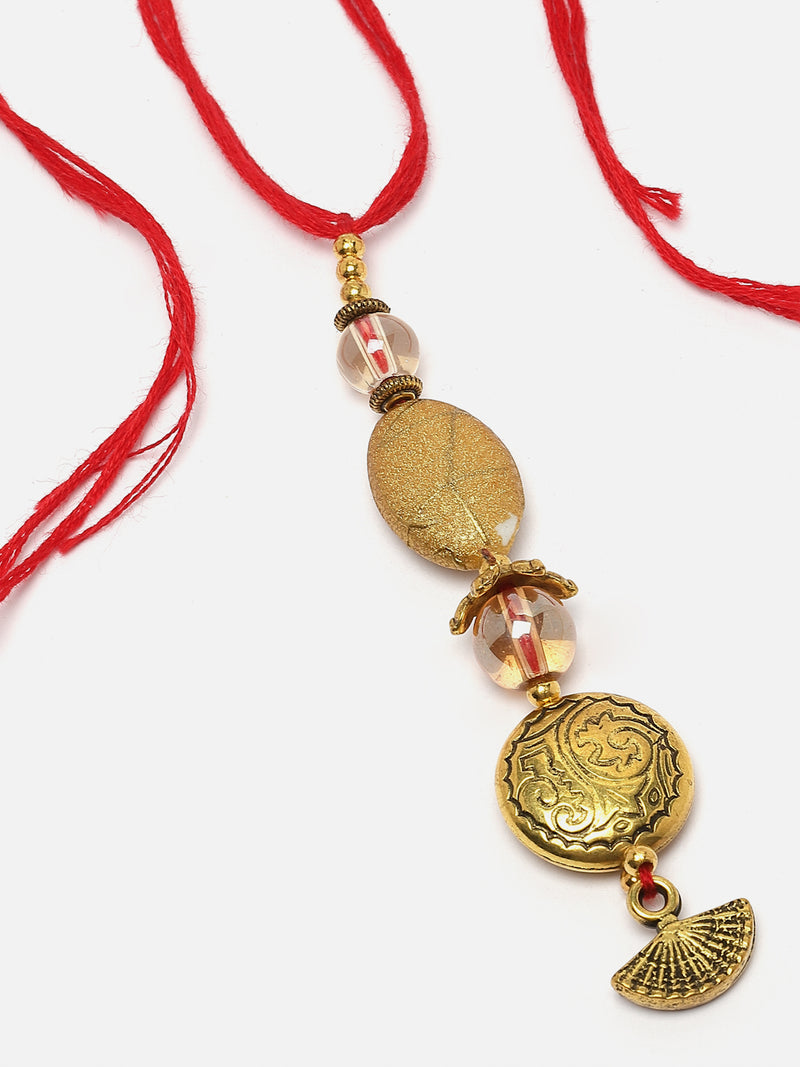 Gold-Plated Engraved Charm Lumba Rakhi For Bhabhi