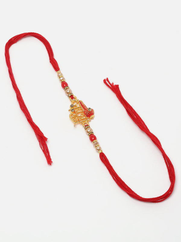 Jay Shree Ram With Swastik Gada Red & White Beads Rakhi