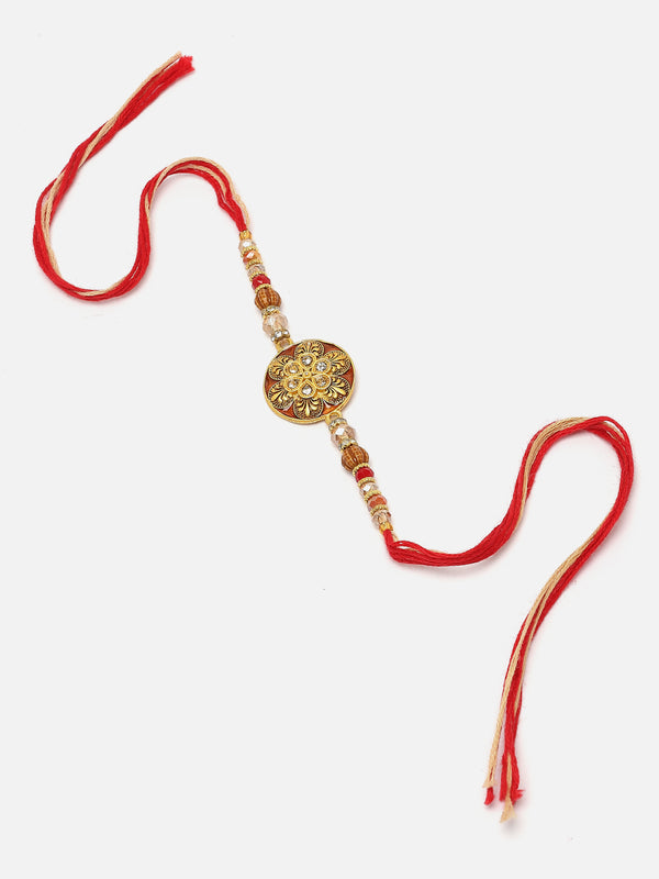 Gold Plated  Floral Enamelled Charm & Beads Stringed Rakhi