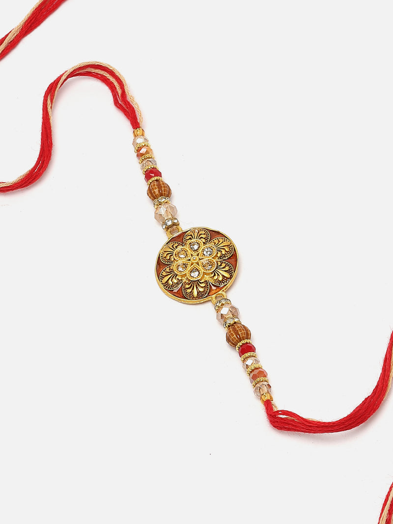 Gold Plated  Floral Enamelled Charm & Beads Stringed Rakhi