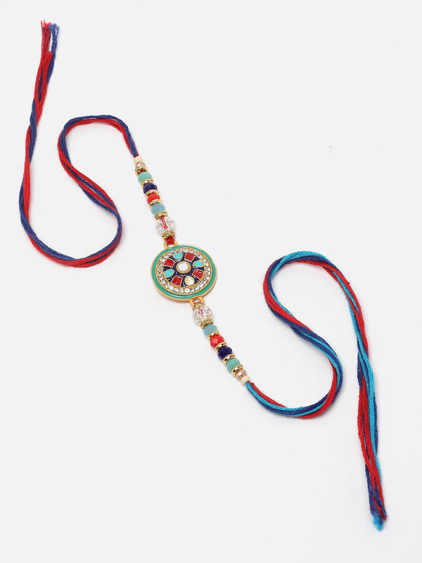 Traditional Blue & Red Artificial Stones & Beads Studded Rakhi