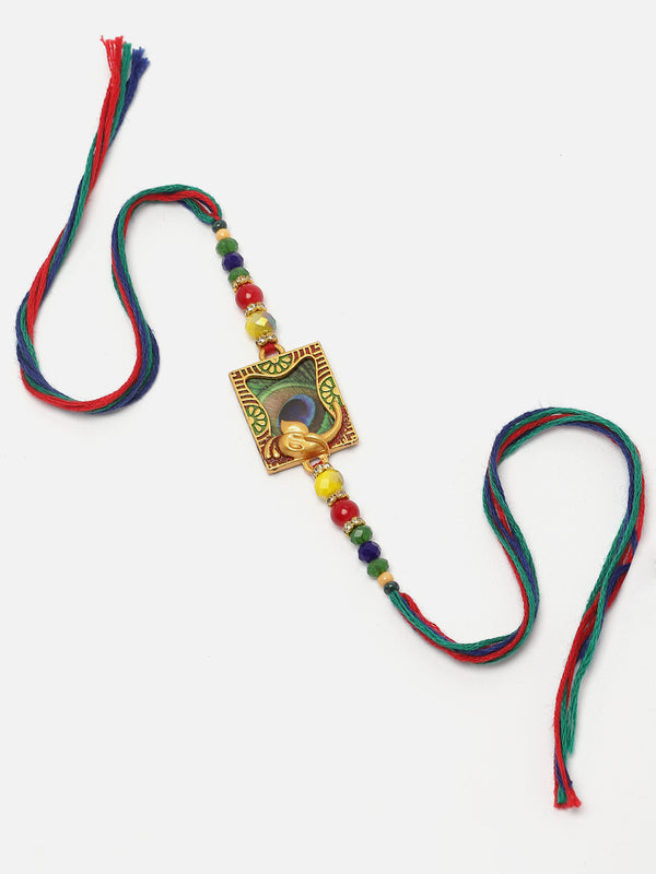 Traditional Ganesh ji with Peacock Feather Design & Multicolor Beads Rakhi