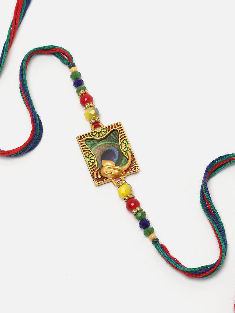 Traditional Ganesh ji with Peacock Feather Design & Multicolor Beads Rakhi