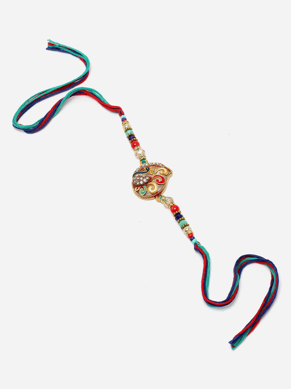 Traditional Gold Toned Gold Plated  Peacock Design Multicolor Stones & beads Studded Rakhi