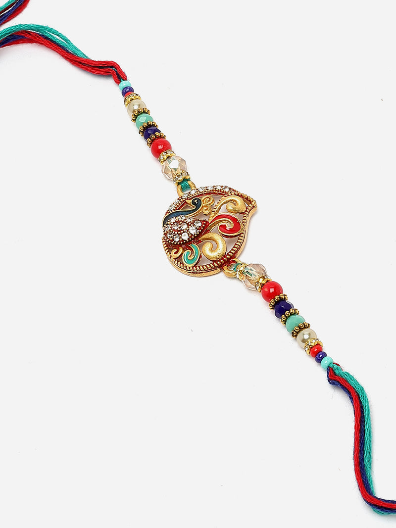 Traditional Gold Toned Gold Plated  Peacock Design Multicolor Stones & beads Studded Rakhi