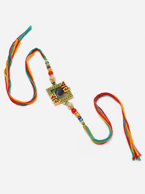 Traditional Peacock Design Artificial Beads Studded Radhe Radhe Embossed Rakhi
