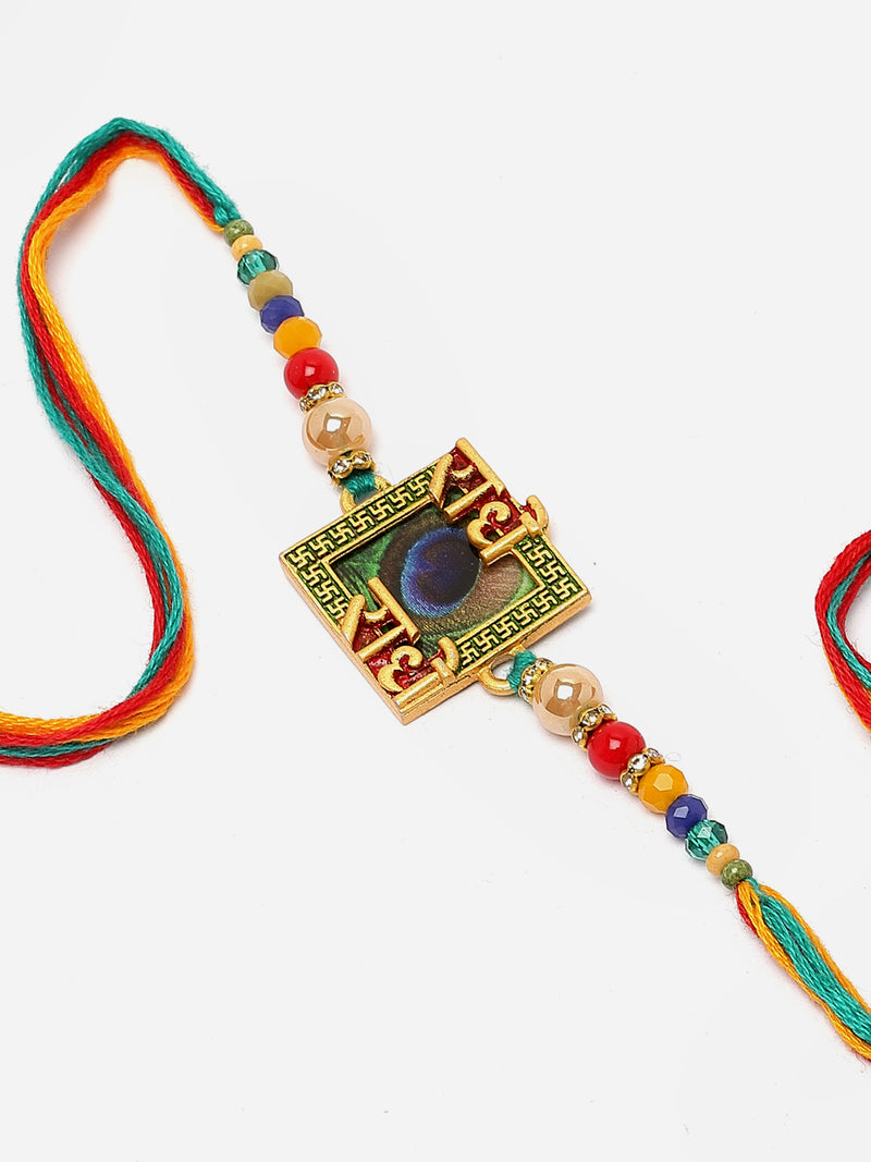 Traditional Peacock Design Artificial Beads Studded Radhe Radhe Embossed Rakhi