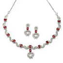 Rhodium-Plated Red American Diamond Studded Heart Shaped Necklace & Earrings Jewellery Set