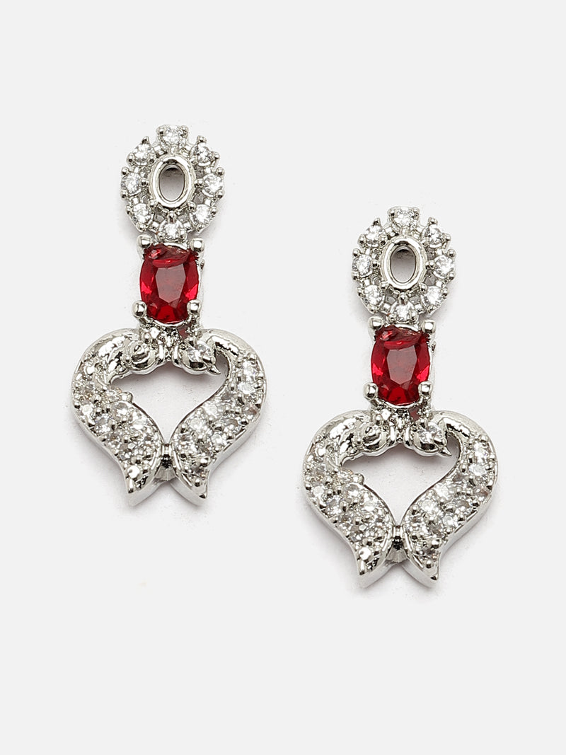 Rhodium-Plated Red American Diamond Studded Heart Shaped Necklace & Earrings Jewellery Set