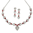 Rhodium-Plated Red American Diamond Studded Heart Design Necklace & Earrings Jewellery Set