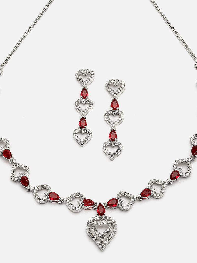 Rhodium-Plated Red American Diamond Studded Heart Design Necklace & Earrings Jewellery Set