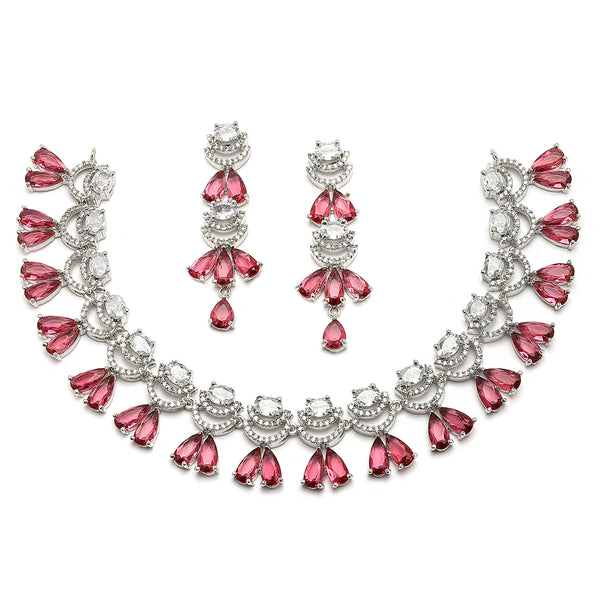 Rhodium-Plated Red American Diamond Studded Teardrop & Crescent Shaped Necklace with Earrings Jewellery Set