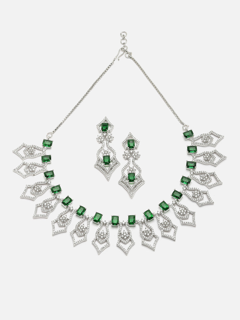 Rhodium-Plated Green American Diamond Studded Tempted Necklace & Earrings Jewellery Set
