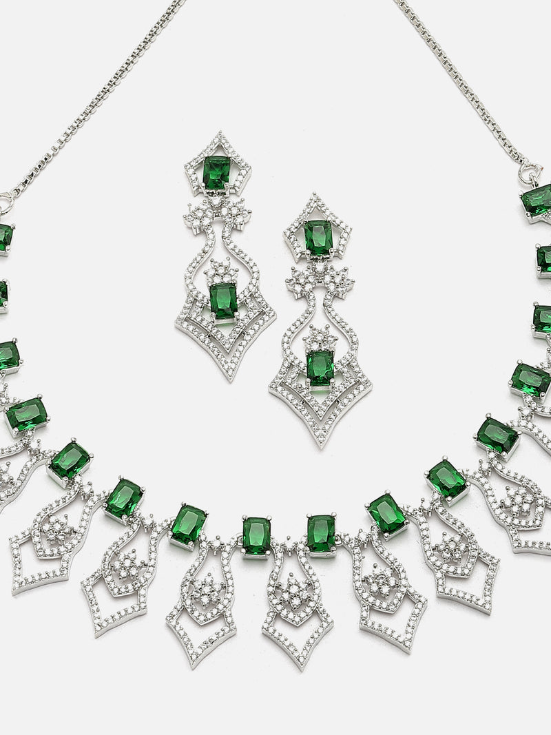 Rhodium-Plated Green American Diamond Studded Tempted Necklace & Earrings Jewellery Set
