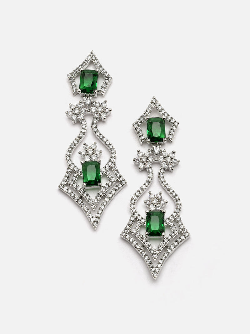 Rhodium-Plated Green American Diamond Studded Tempted Necklace & Earrings Jewellery Set