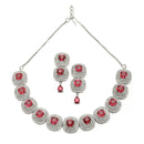 Rhodium-Plated Red Cubic Zirconia Studded Necklace with Earrings Jewellery Set