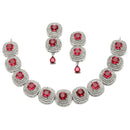 Rhodium-Plated Red Cubic Zirconia Studded Necklace with Earrings Jewellery Set