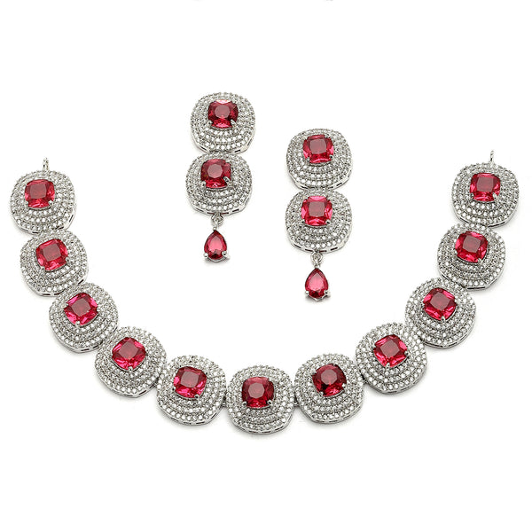 Rhodium-Plated Red Cubic Zirconia Studded Necklace with Earrings Jewellery Set