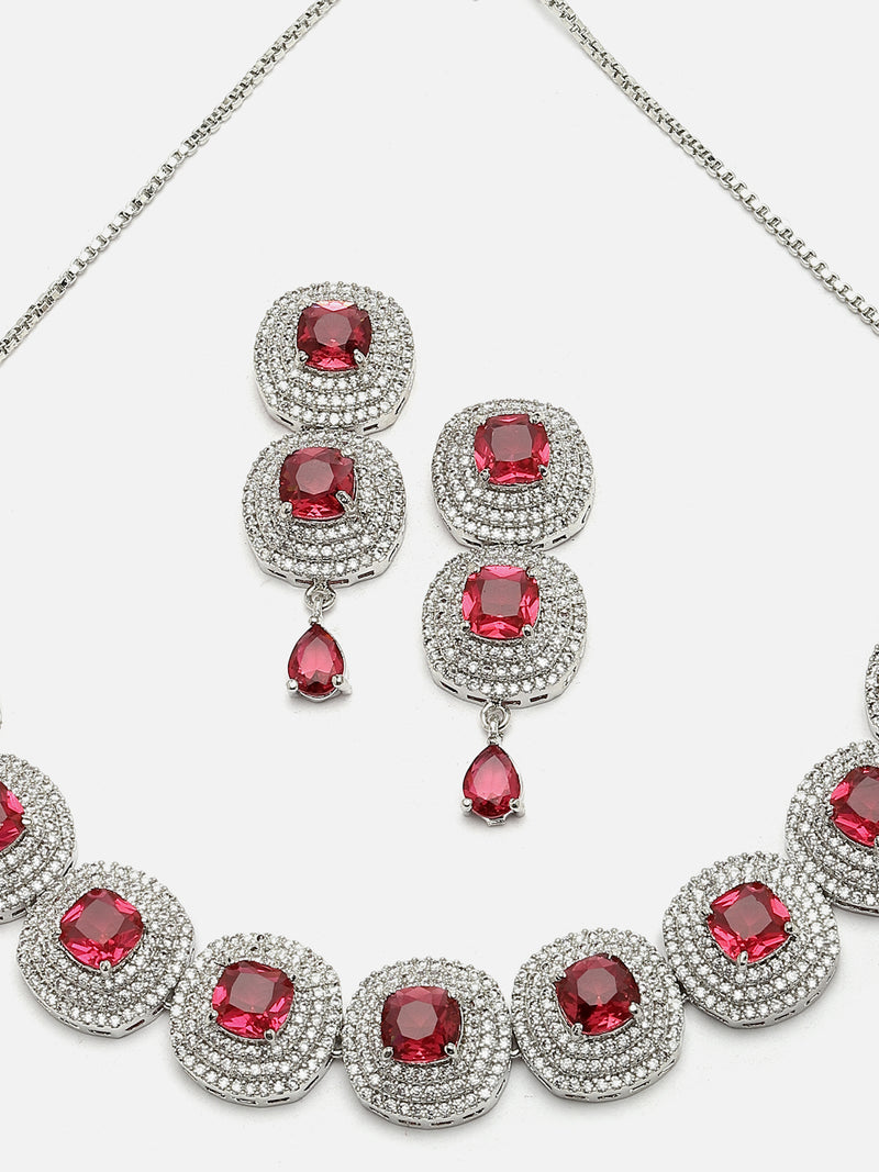 Rhodium-Plated Red Cubic Zirconia Studded Necklace with Earrings Jewellery Set