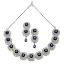 Rhodium-Plated Navy Blue Cubic Zirconia Studded Necklace with Earrings Jewellery Set